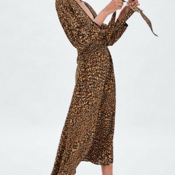 Zara Dresses & Skirts - Zara Brown Leopard Long Sleeve Dress ties on the side S